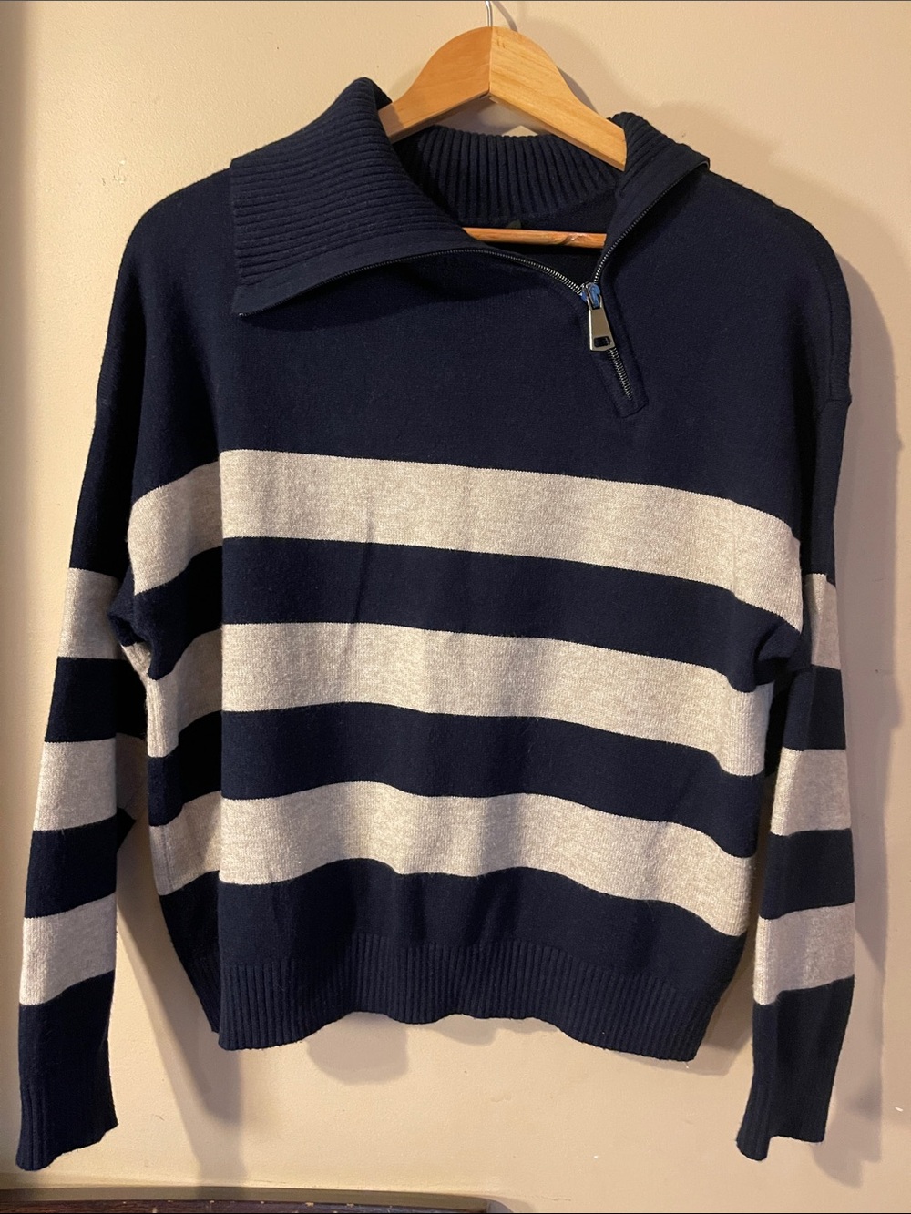 Charlie Navy Blue Cream Stripe Quarter Zip Collar Pullover Sweater Sz L